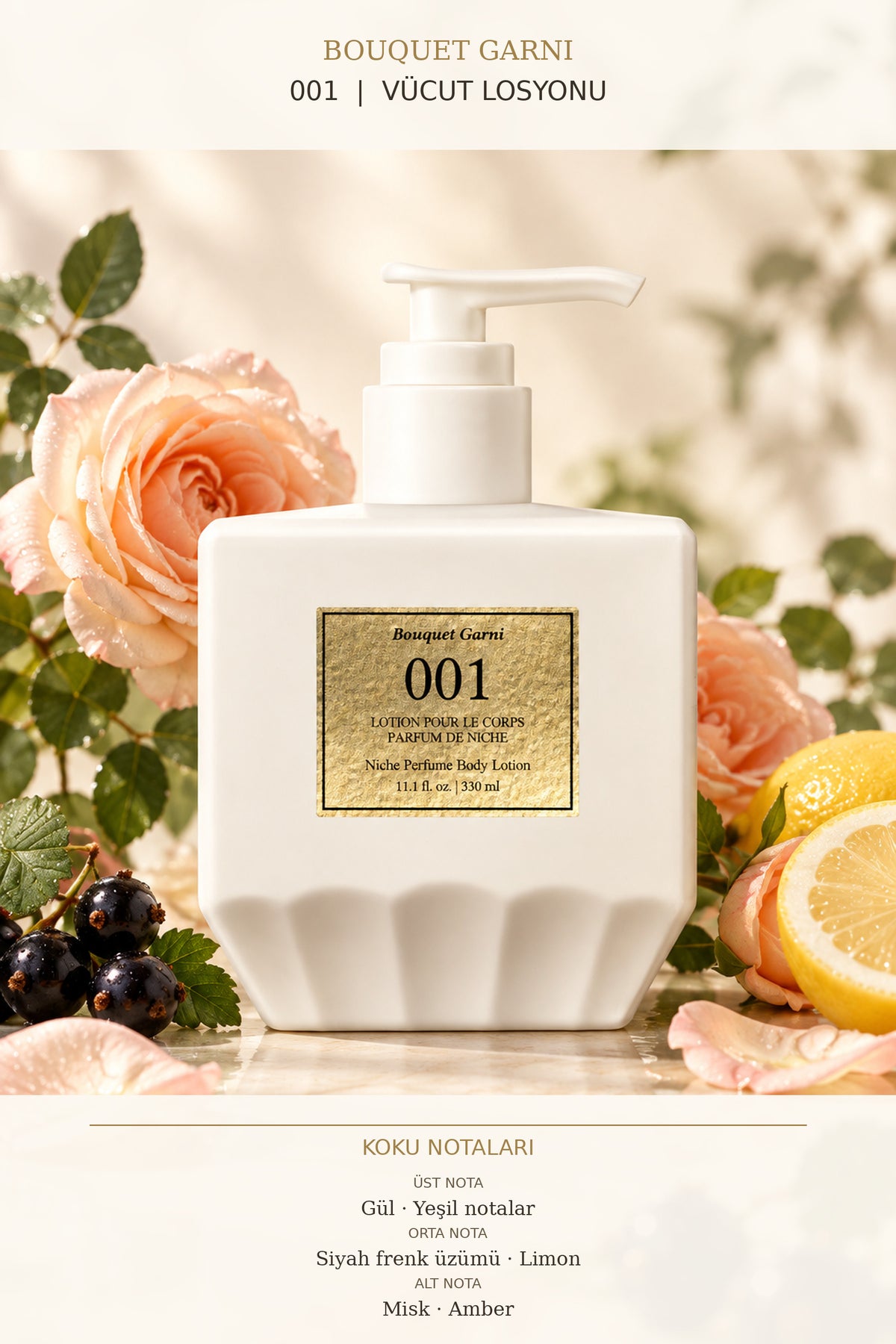 Bouquet Garni Nemlendirici Vücut Losyonu, Gül ve Misk Kokulu – No:001, 330 ml